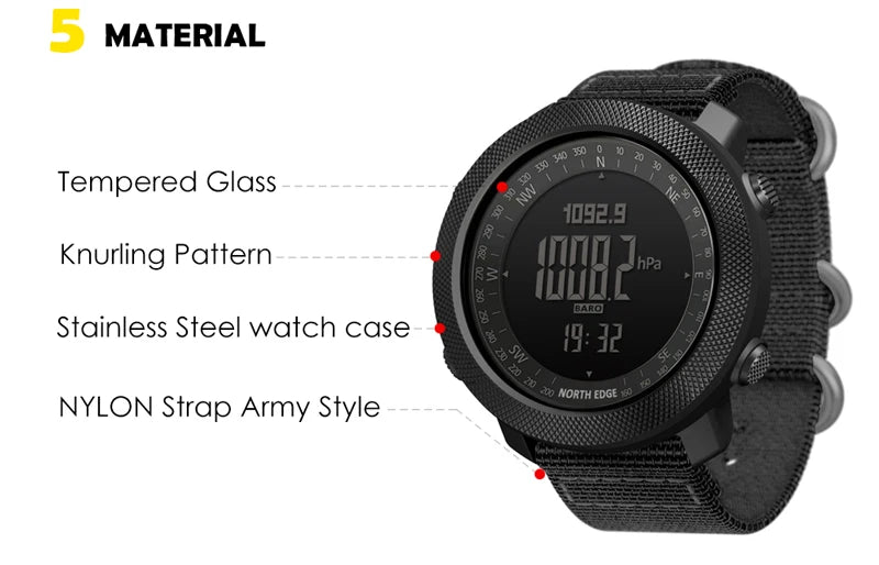 NORTH EDGE Men's sport Digital watch Hours Running Swimming Military Army watches Altimeter Barometer Compass waterproof 50m