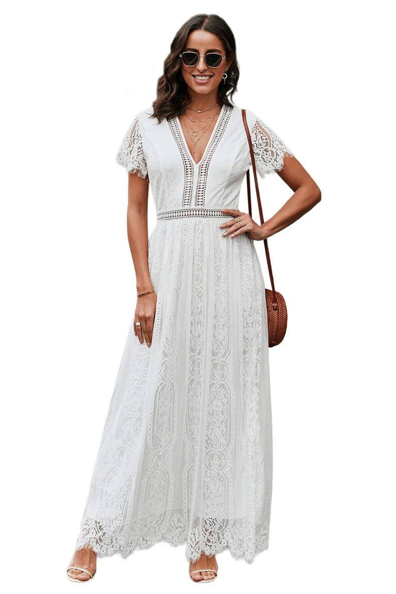 V Neck Fashion White Fairy Lace Dress Short Sleeve