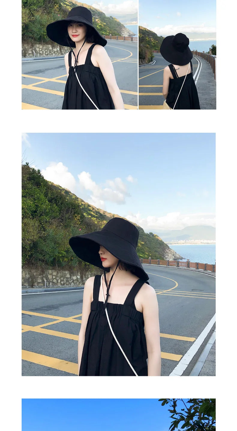 Summer Wide Brim Sun Hat Women's Foldable Travel Packable Bucket Hat Japanese UV Sunscreen Cotton Linen Beach Hat Fisherman Hat