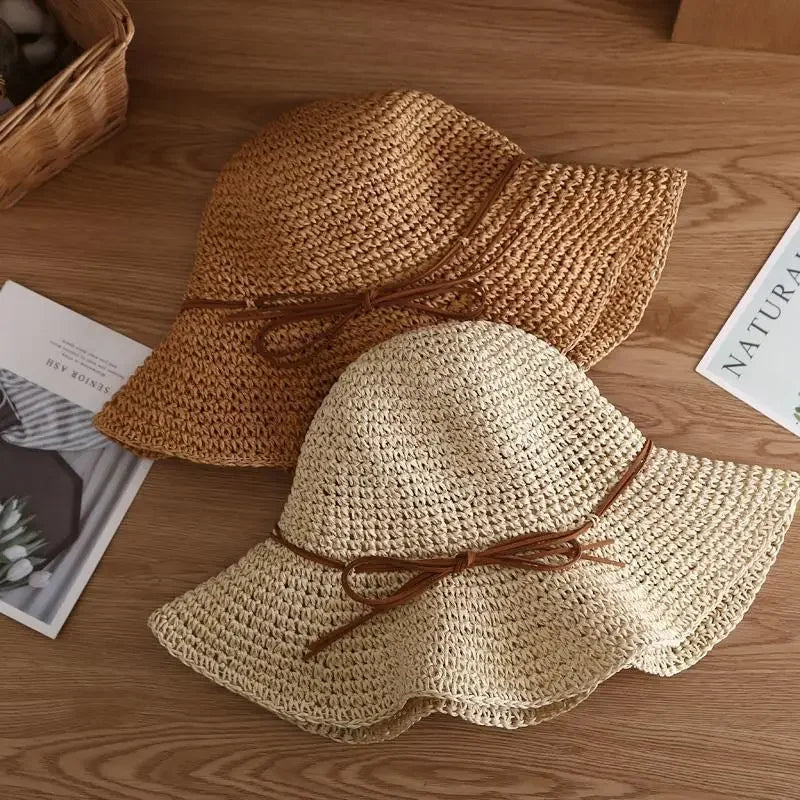 Beach Hats Adults Female Sunscreen Cap Simple Women Straw Hats Summer Sun Hats for Women Lady Folding Bow Travel Caps Female