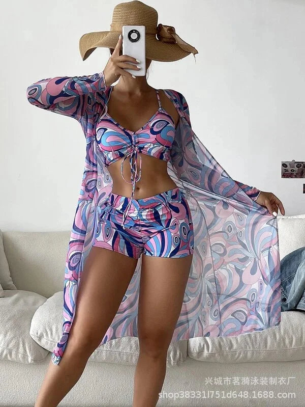 Summer Print Swimsuits Tankini Sets Female Swimwear Push Up For Beach Wear Three-Piece Bathing Suits Pool Women's Swimming Suit