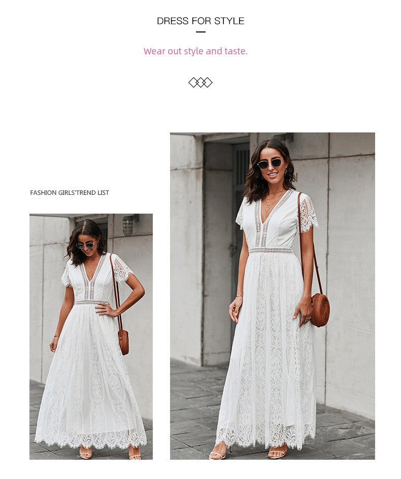 V Neck Fashion White Fairy Lace Dress Short Sleeve