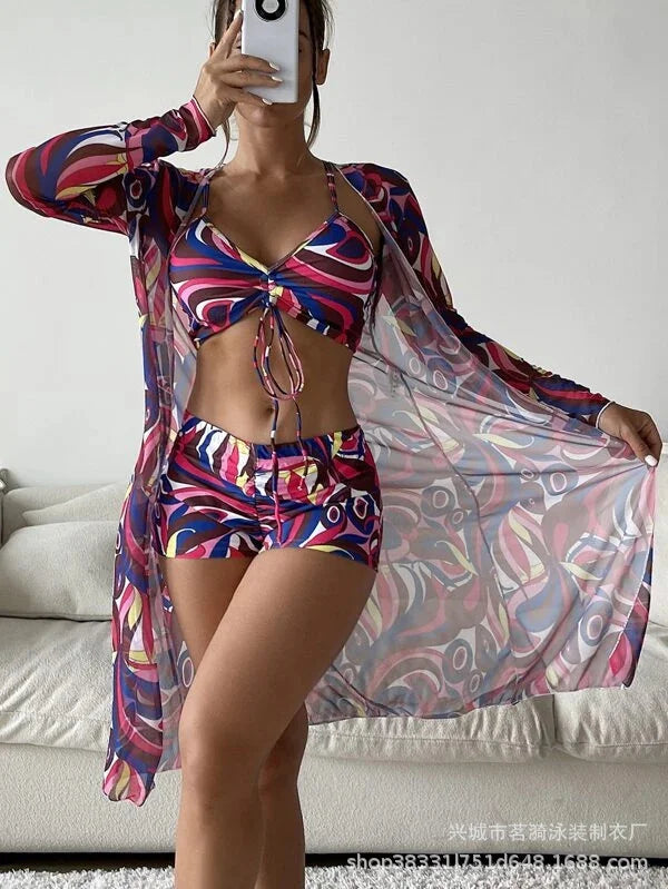 Summer Print Swimsuits Tankini Sets Female Swimwear Push Up For Beach Wear Three-Piece Bathing Suits Pool Women's Swimming Suit