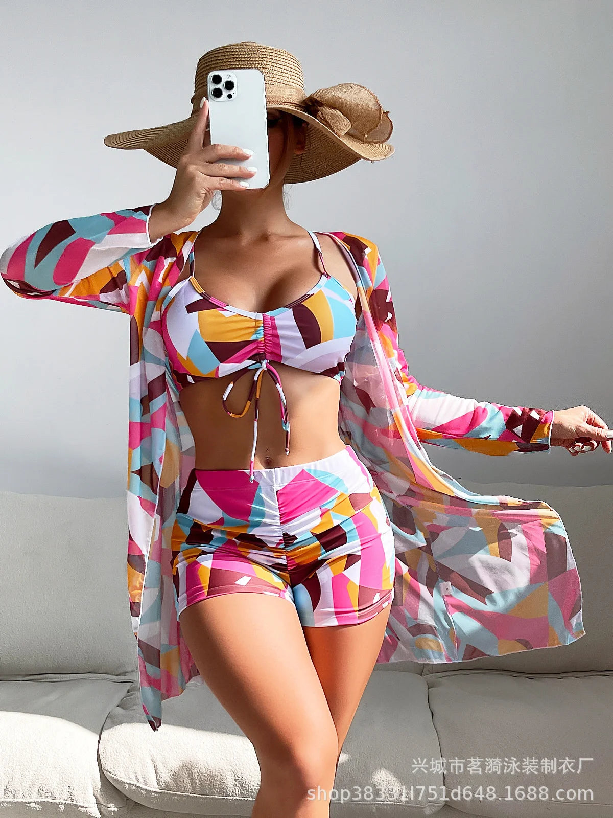 Summer Print Swimsuits Tankini Sets Female Swimwear Push Up For Beach Wear Three-Piece Bathing Suits Pool Women's Swimming Suit