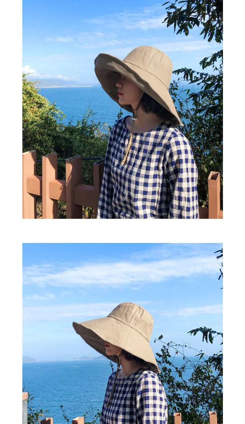 Summer Wide Brim Sun Hat Women's Foldable Travel Packable Bucket Hat Japanese UV Sunscreen Cotton Linen Beach Hat Fisherman Hat